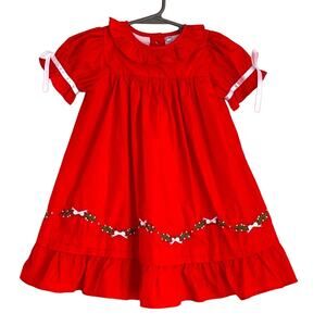 Little Louanne embroidered holly cotton blend Christmas dress sz 24mos